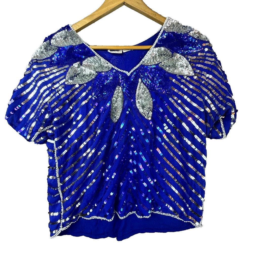 Vintage Blouse Top Womens Medium Blue‎ MOB Evening Metallic Sequin Pearl Silk